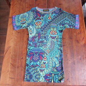 Custo Barcelona Dress Womens Small Green Blue Aztec Colorful Artsy Phoebe Buffay